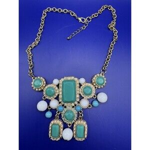 Banana Republic Statement Necklace Gold Tone Blue Green White Boho Chunky